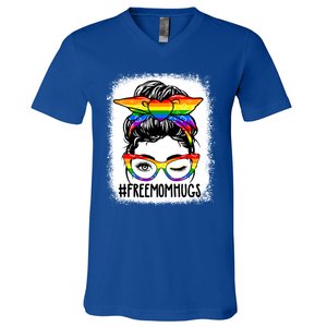 Funny Free Mom Hugs Messy Bun Lgbt Pride Month Rainbow Gift V-Neck T-Shirt