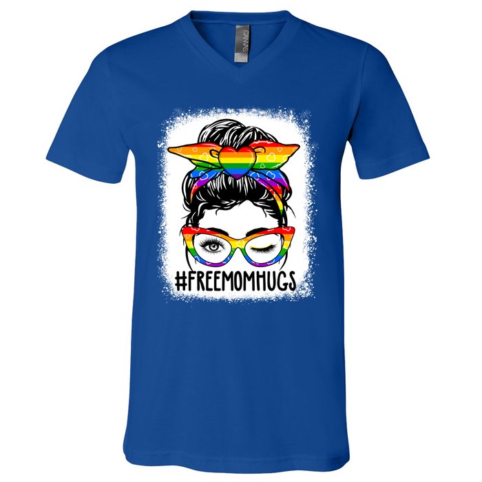 Funny Free Mom Hugs Messy Bun Lgbt Pride Month Rainbow Gift V-Neck T-Shirt