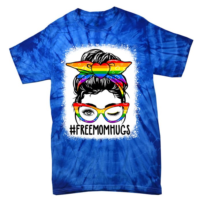 Funny Free Mom Hugs Messy Bun Lgbt Pride Month Rainbow Gift Tie-Dye T-Shirt