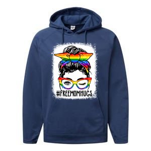 Funny Free Mom Hugs Messy Bun Lgbt Pride Month Rainbow Gift Performance Fleece Hoodie