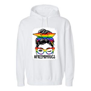 Funny Free Mom Hugs Messy Bun Lgbt Pride Month Rainbow Gift Garment-Dyed Fleece Hoodie