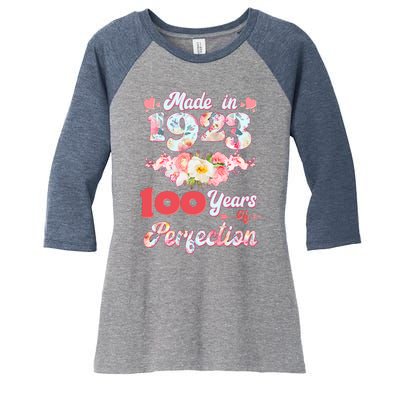 Flower Floral Made In 1923 100 Years Of Perfection Women's Tri-Blend 3/4-Sleeve Raglan Shirt