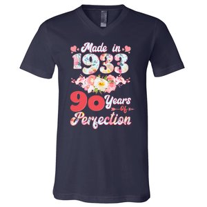 Flower Floral Made In 1933 90 Years Of Perfection V-Neck T-Shirt