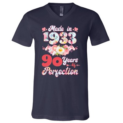 Flower Floral Made In 1933 90 Years Of Perfection V-Neck T-Shirt