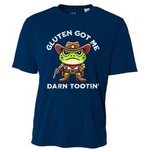 Funny Frog Meme Gluten Got Me Darn Tootin Gluten Free Diet Cooling Performance Crew T-Shirt