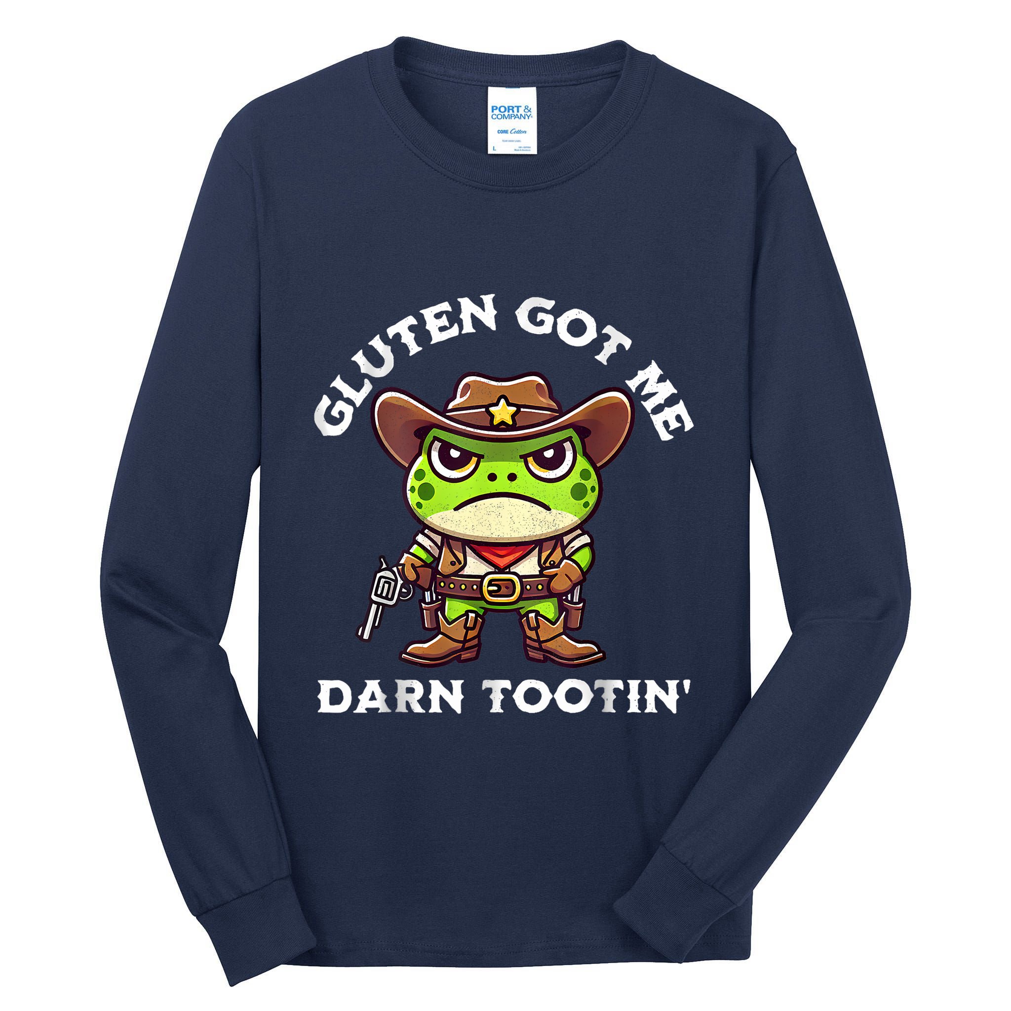 Funny Frog Meme Gluten Got Me Darn Tootin Gluten Free Diet Tall Long Sleeve T-Shirt