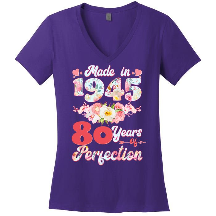 Flower Floral Made In 1945 80 Years Of Perfection Women's V-Neck T-Shirt