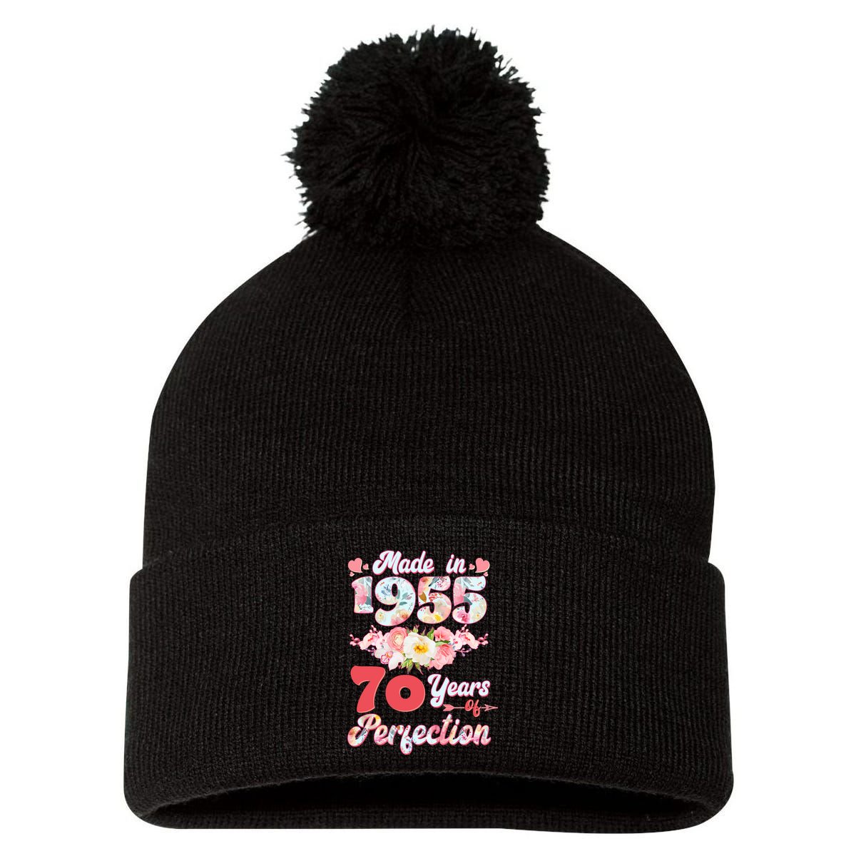 Flower Floral Made In 1955 70 Years Of Perfection Pom Pom 12in Knit Beanie