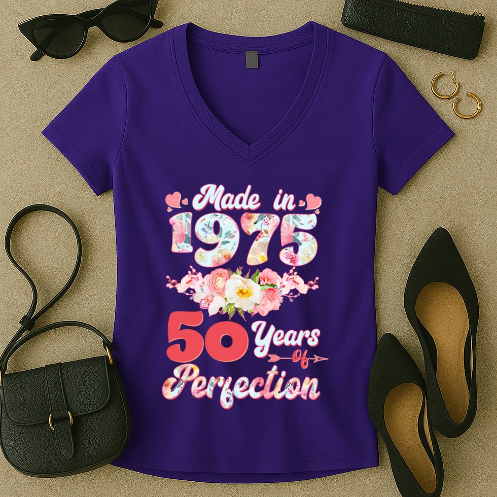 Flower Floral Made In 1975 50 Years Of Perfection Women's V-Neck T-Shirt