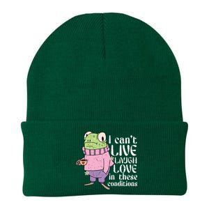 Funny Frog Meme I Cant Live Laugh Love In These Conditions Knit Cap Winter Beanie