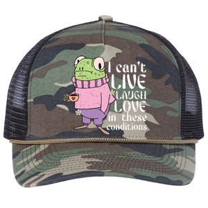 Funny Frog Meme I Cant Live Laugh Love In These Conditions Retro Rope Trucker Hat Cap