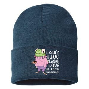 Funny Frog Meme I Cant Live Laugh Love In These Conditions Sustainable Knit Beanie