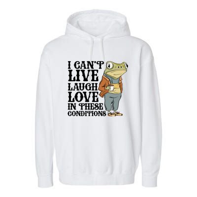 Funny Frog Meme I Cant Live Laugh Love In These Conditions Garment-Dyed Fleece Hoodie