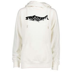 Fishing Forest Mountain Silhouette Outdoor Adventure Fishing Womens Funnel Neck Pullover Hood