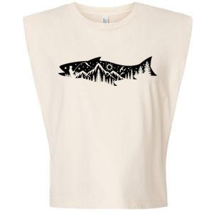 Fishing Forest Mountain Silhouette Outdoor Adventure Fishing Garment-Dyed Women's Muscle Tee