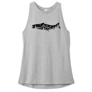 Fishing Forest Mountain Silhouette Outdoor Adventure Fishing Ladies PosiCharge Tri-Blend Wicking Tank