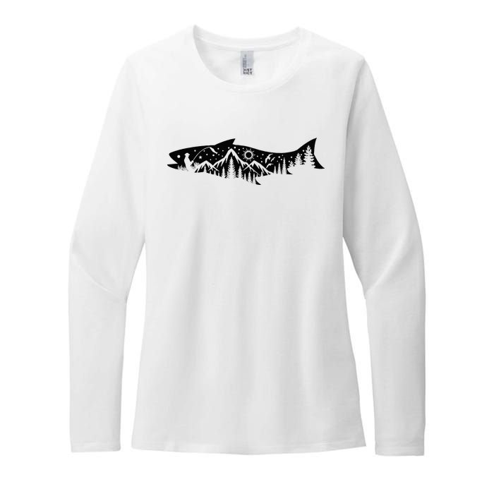 Fishing Forest Mountain Silhouette Outdoor Adventure Fishing Womens CVC Long Sleeve Shirt