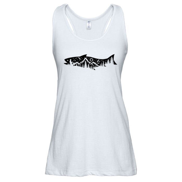 Fishing Forest Mountain Silhouette Outdoor Adventure Fishing Ladies Essential Flowy Tank