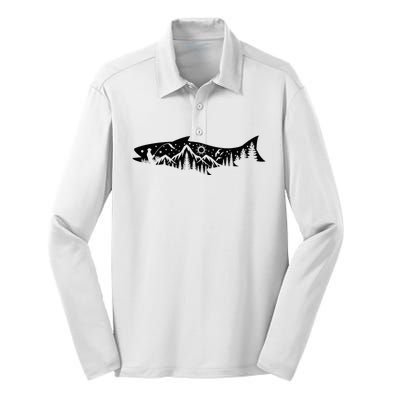 Fishing Forest Mountain Silhouette Outdoor Adventure Fishing Silk Touch Performance Long Sleeve Polo