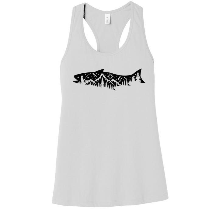 Fishing Forest Mountain Silhouette Outdoor Adventure Fishing Women's Racerback Tank