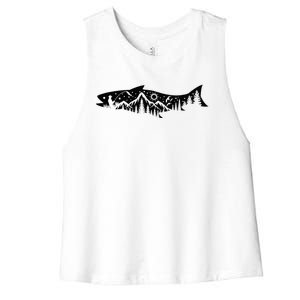 Fishing Forest Mountain Silhouette Outdoor Adventure Fishing Women's Racerback Cropped Tank