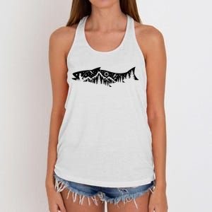 Fishing Forest Mountain Silhouette Outdoor Adventure Fishing Women's Knotted Racerback Tank