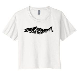 Fishing Forest Mountain Silhouette Outdoor Adventure Fishing Women's Crop Top Tee