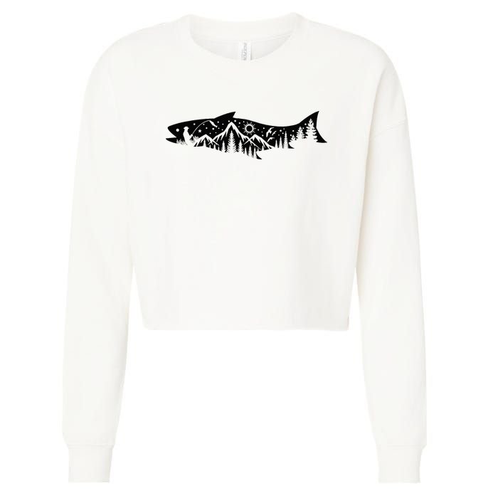 Fishing Forest Mountain Silhouette Outdoor Adventure Fishing Cropped Pullover Crew