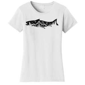 Fishing Forest Mountain Silhouette Outdoor Adventure Fishing Women's T-Shirt