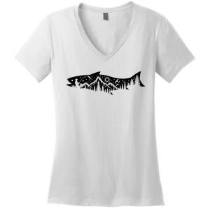 Fishing Forest Mountain Silhouette Outdoor Adventure Fishing Women's V-Neck T-Shirt