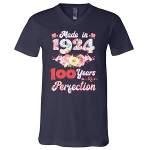 Flower Floral Made In 1924 100 Years Of Perfection V-Neck T-Shirt