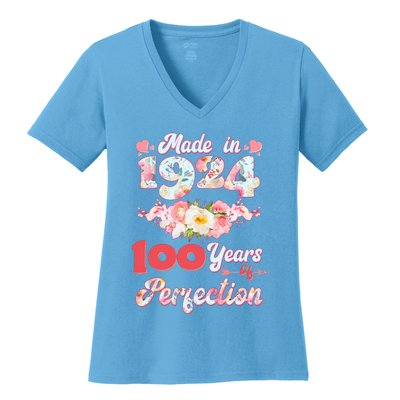 Flower Floral Made In 1924 100 Years Of Perfection Women's V-Neck T-Shirt