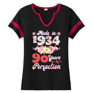 Flower Floral Made In 1934 90 Years Of Perfection Ladies Halftime Notch Neck Tee