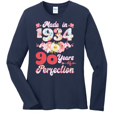 Flower Floral Made In 1934 90 Years Of Perfection Ladies Long Sleeve Shirt