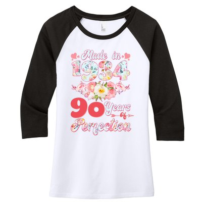 Flower Floral Made In 1934 90 Years Of Perfection Women's Tri-Blend 3/4-Sleeve Raglan Shirt