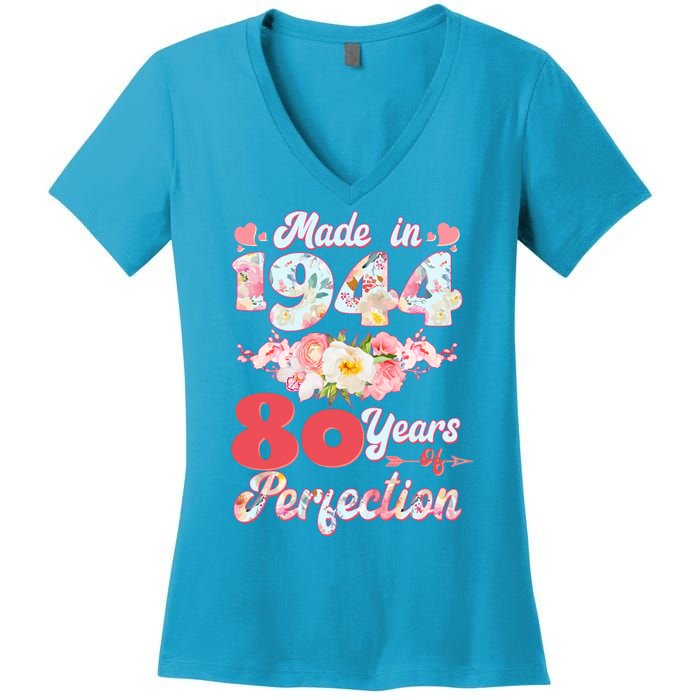 Flower Floral Made In 1944 80 Years Of Perfection Women's V-Neck T-Shirt