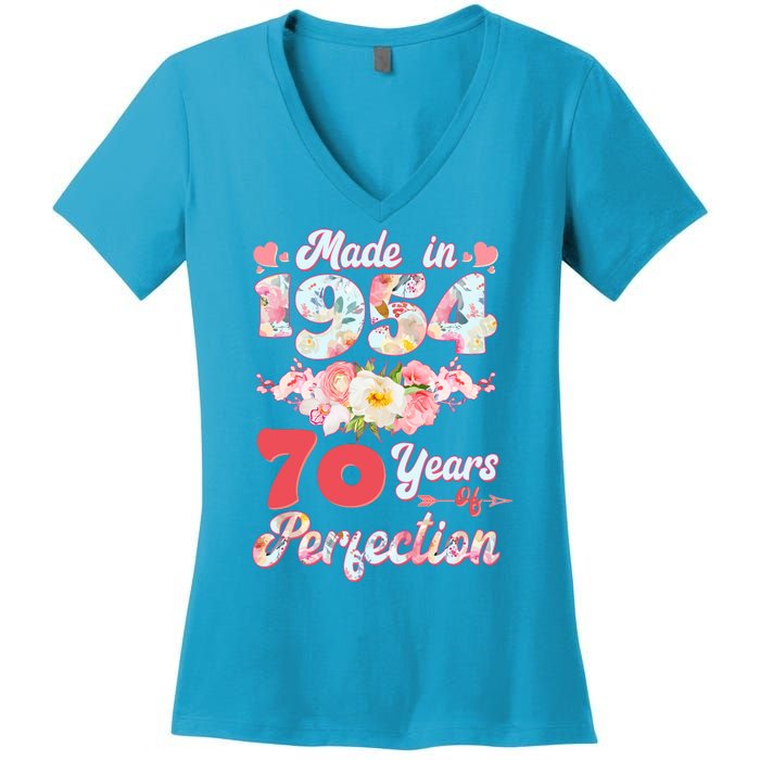 Flower Floral Made In 1954 70 Years Of Perfection Women's V-Neck T-Shirt