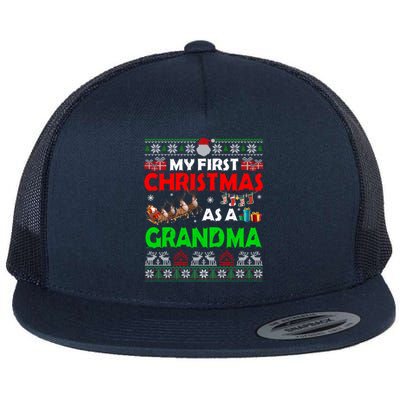 Funny Family My 1st Christmas As A Grandma Ugly Xmas Sweater Cute Gift Flat Bill Trucker Hat