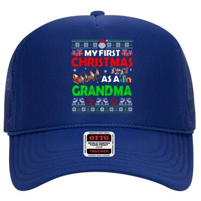 Funny Family My 1st Christmas As A Grandma Ugly Xmas Sweater Cute Gift High Crown Mesh Back Trucker Hat