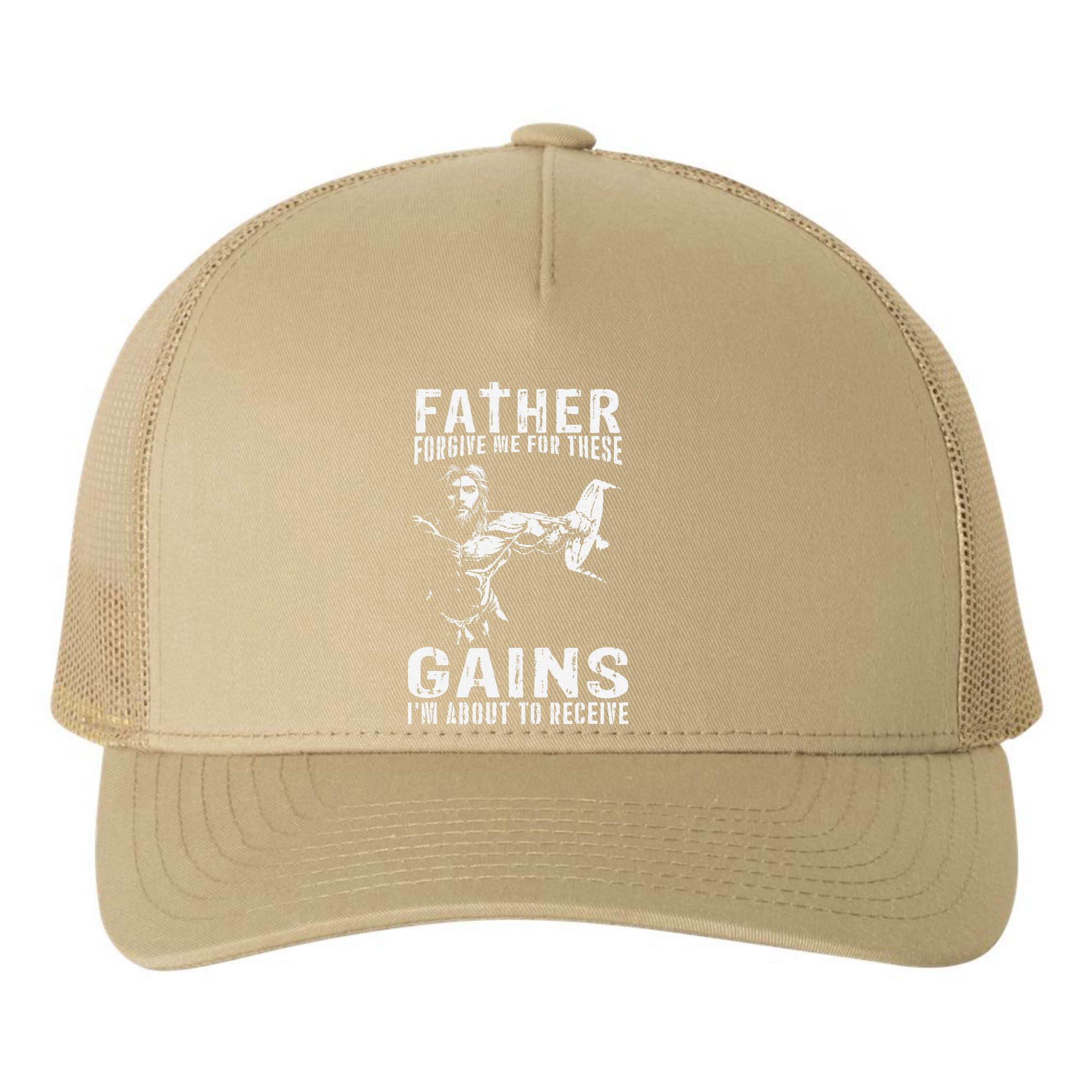 Father Forgive Me For These Gains - Jesus Gym Motivational Yupoong Adult 5-Panel Trucker Hat