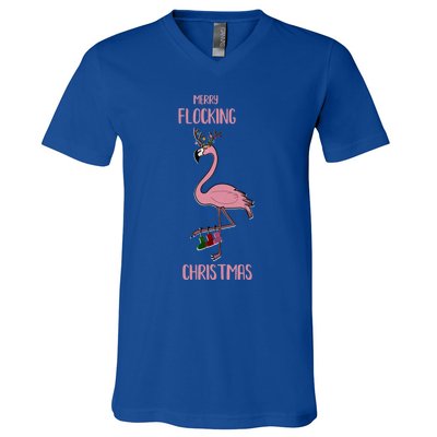 Funny Flamingo Merry Flocking Christmas Tropical Xmas Gift V-Neck T-Shirt