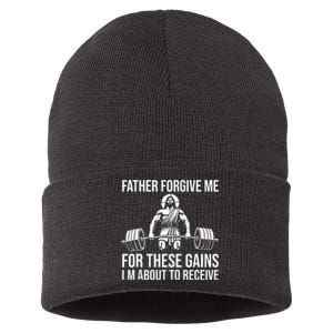 Father Forgive Me For These Gains Funny Gym Motivation Sustainable Knit Beanie