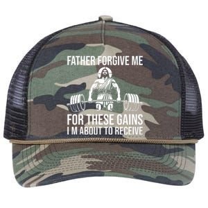 Father Forgive Me For These Gains Funny Gym Motivation Retro Rope Trucker Hat Cap