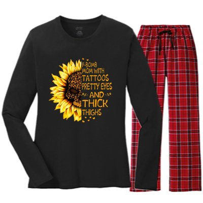 Funny Fbomb Mom With Tattoos Pretty Eyes And Thick Thighs Women's Long Sleeve Flannel Pajama Set 