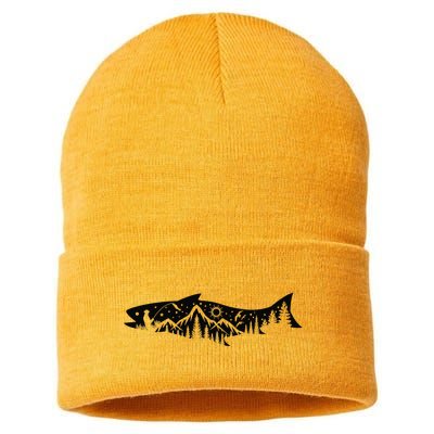 Fishing Forest Mountain Silhouette Outdoor Adventure Fishing Sustainable Knit Beanie