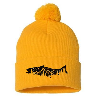 Fishing Forest Mountain Silhouette Outdoor Adventure Fishing Pom Pom 12in Knit Beanie