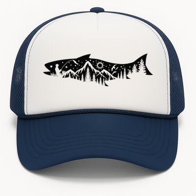 Fishing Forest Mountain Silhouette Outdoor Adventure Fishing Trucker Hat