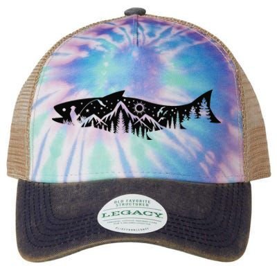 Fishing Forest Mountain Silhouette Outdoor Adventure Fishing Legacy Tie Dye Trucker Hat