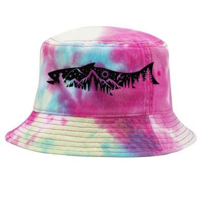 Fishing Forest Mountain Silhouette Outdoor Adventure Fishing Tie-Dyed Bucket Hat