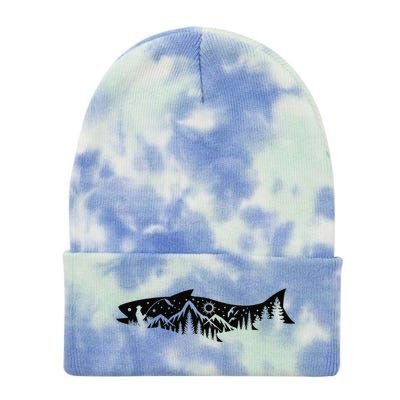 Fishing Forest Mountain Silhouette Outdoor Adventure Fishing Tie Dye 12in Knit Beanie